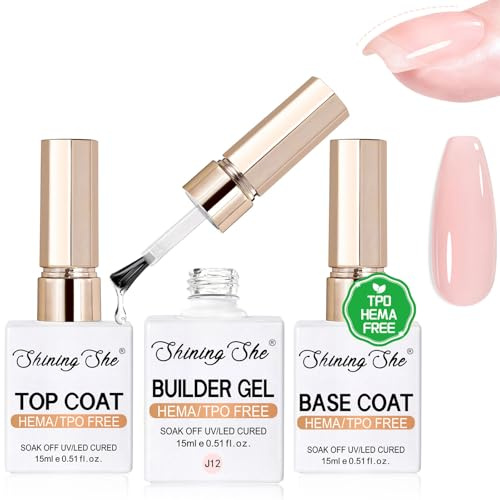 Shining She Base Coat Top Coat Gel UV & Builder gelset, HEMA TPO fritt uv nagellack naken rosa uppbyggnadsgel för gelnaglar bas topp coat set soak-Off UV/LED för förlängningsgel förstärkningsgel, 15