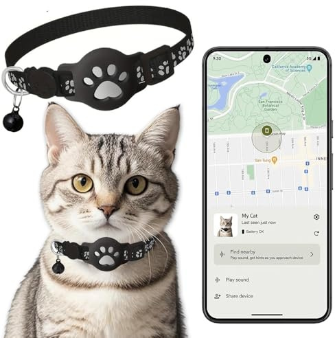 Collar GPS Gatos, GPS para Gatos sin Cuota Mensual, No Requiere SIM (Solo Android), Collar Localizador Compatible con goo- gle Find My (Collar + rastreador Blanco)