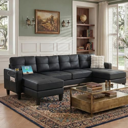 TYBOATLE 116’’ W Black Faux Leather Sectional w/USB and Cup Holders for Living Room, Comfy Tufted U Shaped Sofa Couch w/Chaise Lounge, Office Leather Sofa for Bedroom