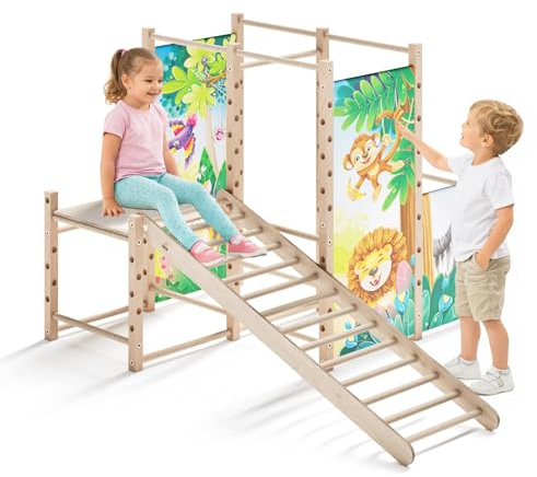 Kids Jungle Indoor Klettergerüst mit Holzleiter – Massivholz – bis 100 kg – DIN EN 71 geprüft – für Kinder ab 3 Jahren (Dschungel)