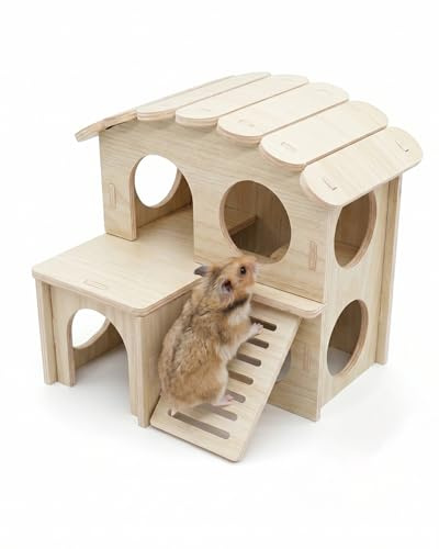 AEUXZA Maison pour Hamster en Bois Naturel, Cabane Multichambre avec Échelle, Cachette pour Hamster Nain et Rongeurs, Accessoire Cage 17x15x15,5 cm, Entrée 4,8 cm