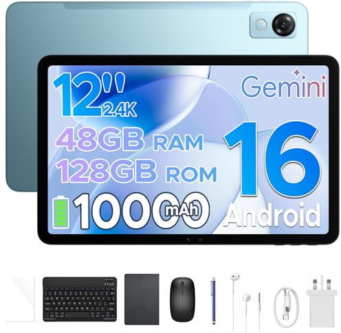 POPUX P12 Tablet 12 Pollici 2.4K Tablet Android 16 con Gemini AI, Blu | 48GB+128GB/2TB, T7280 Octa-Core Tablet con Penna 120Hz Display, 10000mAh, 13MP+8MP, Face ID, Widevine L1, GPS, Tastiera