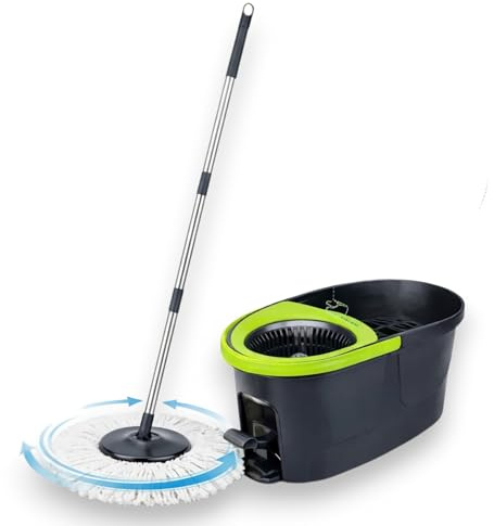 KORAT - Secchio con Mocio Rotante con Pedale 18L, Sistema Strizzatore con Vano Separato, Dimensioni 53x29x27 cm, Testina 360°, Manico 115 cm in Acciaio Inox, Panno Microfibra
