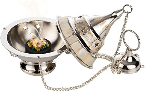 WEIHRAUCHSCHWENKER Set Konstantinopel mit Perlmutt [12 x 9 cm, Kette 25 cm] inkl WEIHRAUCH und Kohle – RÄUCHERGEFÄSS aus Messing vernickelt – MaMeMi Collection