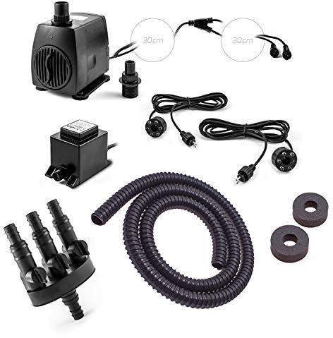 Springbrunnen Pumpe SP2-S Set für Gartenbrunnen Bachlauf Wasserspiel Quellstein Springbrunnenpumpe mit 2 LED Ring Beleuchtungen 2x Wasser Ausgang
