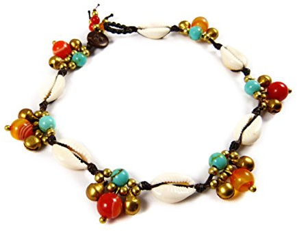 Fußkettchen mit Kauri Muscheln, Türkis, Achat und Glöckchen - Makramee Thailand Tribal Surfer Fußband
