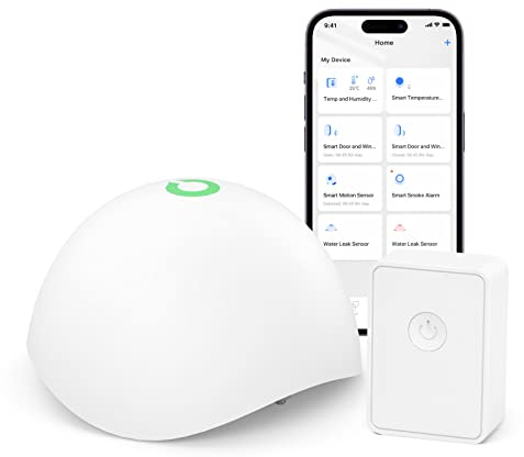 Meross Rilevatore d'Acqua Intelligente Sensore d'Acqua con Rilevatore di Allagamento Wireless Hub IP67 Impermeabile, Allarme Audio Fino a 60Db Per Cucina, Bagno, Cantina