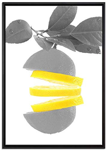 Pixxprint Frische aufgeschnittene Zitrone Leinwandbild 100x70 cm im Bilderahmen, Wandbild, Schattenfugenrahmen, Kein Poster