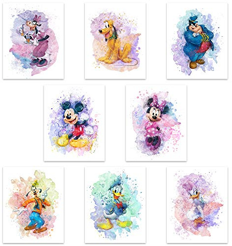 HerZii Mickey Mouse Aquarelldrucke – ungerahmtes Set mit 8 (20,3 x 25,4 cm) Mickey Mouse Wandkunst-Dekor – Minnie Mouse Raumdekor – Donald Ducks Daisy Duck Goofy Pluto Decor Poster