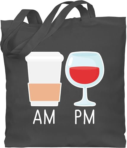 Baumwolltasche - Sprüche Statement - Am Pm Kaffee und Wein - weiß - Unisize - Dunkelgrau - mit aufschrift weinliebhaber beutel statements kaffeeliebhaber stoffbeutel sprüchen￼ coffee and wine