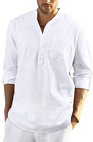 Enlision Hombre Verano Camisa de Lino Camisa Ajustada de Color Liso Camisa con Cuello en V Blusa de Moda con Botones T-Shirt Informal Blanco M