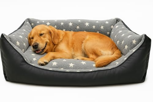 Odolplusz Hundebett mit Wendekissen 100x70cm | Hundekissen Waschbar | Füllung aus hautsympathischen 100% Polyurethanschwamm (Grau - Sterne)