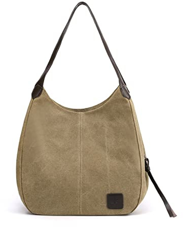 Porrasso Damhandväska, canvas hobo, axelväska flicka, tygväska, shoppingväska, handväska, väska för skola, resor, arbete, kaki, L, Klassiska