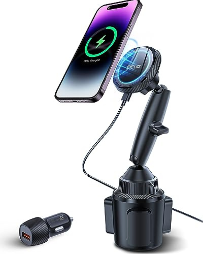EXELIQ Cup Holder Charger Mount for Magsafe, Wireless Magnetic Car Mount Charger with Heat Dissipation System, Fast Charging Phone Holder for iPhone 16 15 14 13 Pro Max Mini [with QC 3.0 Adapter]