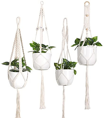 Hängepflanze, 4 Stück Makramee-Pflanzenaufhänger, 105 cm Wandbehang, Pflanzgefäß, Deckenpflanzen für drinnen und draußen, Blumen, Terrasse, Decke, Pflanztopfhalter (Q-T)