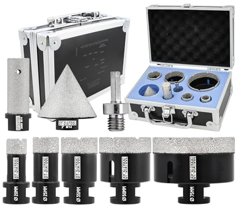 DT-DIATOOL Diamant Lochsäge M14 20/25/35/50/75mm,50mm Diamantfasenbohrer,20mm Diamantfingerbohrer und M14 Gewinde auf Sechskant-Adapter Diamantbohrer Set für Feinsteinzeug Keramikfliese Marmor Granit