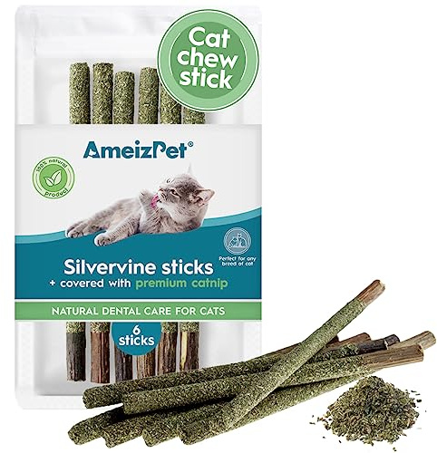 AmeizPet Silvervine Sticks for Cats, Chew Sticks Covered with Catnip Dust - Natural Matatabi Cat Dental Care, Silvervine Cat Teeth Cleaning, 6 Pcs