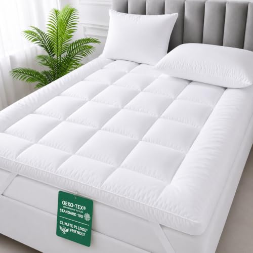 4All Cubrecolchón de microfibra, acolchado de 10 cm de grosor, relleno de 1400 g/m², extra suave y transpirable, soporte de cojín profundo, hipoalergénico con correas de esquina seguras (Super King