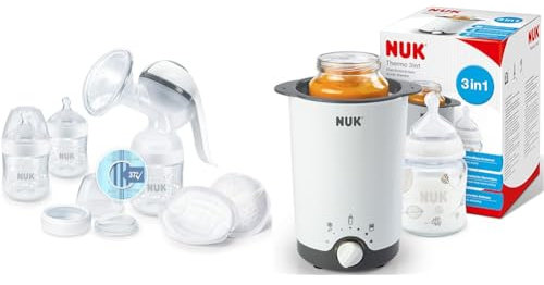 NUK Nature Sense Handmilchpumpe | Still-Set mit Handmilchpumpe, Babyflaschen & Ultra Dry Comfort Stilleinlagen | 6 Stück & Thermo 3in1 Babyflaschenwärmer | schonendes Auftauen