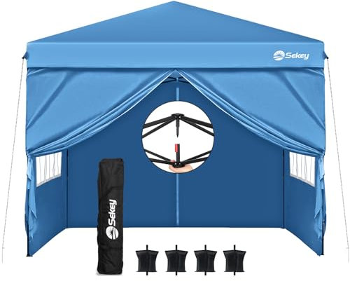 Sekey Pavillon 3x3 mit 4 Seitenteile, Faltpavillon Wasserdicht Stabil Winterfest, Pop Up Pavillon Faltbar für Camping, Festival, Events, Picknicks, Partyzelt Gartenzelt mit 4 Sandsäcke, Blau