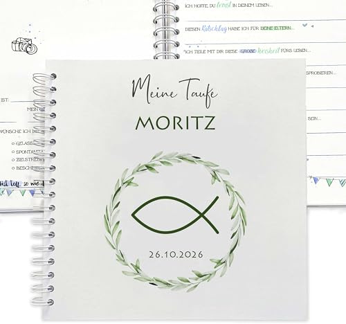 Feenstaub Gästebuch Taufe mit Fragen personalisiert mit Name, Erinnerungsbuch Taufbuch zum Ausfüllen, Ringbuch 25x25 cm, 20-40 Gäste, für Mädchen und Jungen, Taufgeschenk Taufpaten, Fisch Motiv