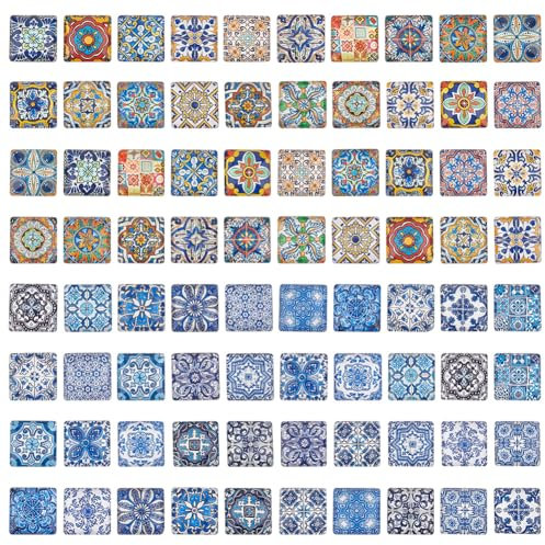 PH PandaHall 80Pcs Square Glass Cabochons 15mm Mosaic Cabochons, Flower Pattern Mosaic Tiles Supplies Glass Dome Cabochons for Crafts Plates Picture Frames Flowerpots Earrring Jewellery