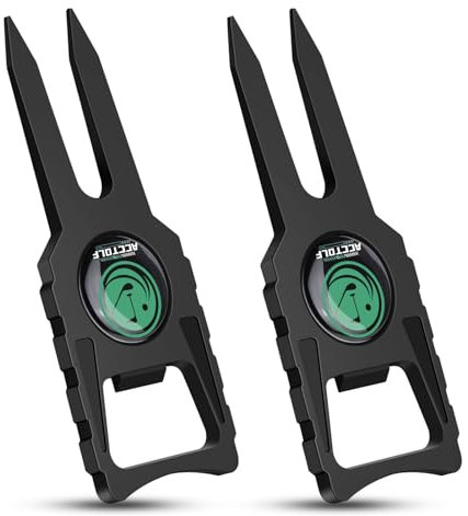 DFZHiuat Pitchgabel-Reparaturwerkzeug, Pitchgabel und Flaschenöffner-Set, 6-in-1, multifunktionales Golfzubehör, grünes Werkzeugzubehör mit Gabelzinken, Golf-Pitchmarken-Reparaturwerkzeug, 2 Stück