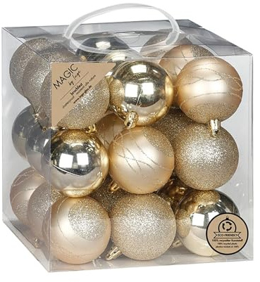 Inge-glas, julgranskulor i plast, 6 cm, set om 27 – okrossbara och med glitter, julgranskulor för julgran, julgranskulor och julgransprydnader till jul, champagne – creamy guld