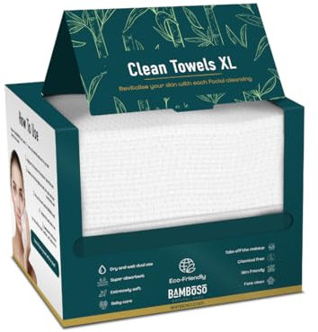 BAMBOSO Toallas Desechables Faciales Biodegradables Hechas de Bambú para Piel Sensible 50 unidades Tamaño XL Grande | Toallitas Faciales Desechables Secas Anti-Acné