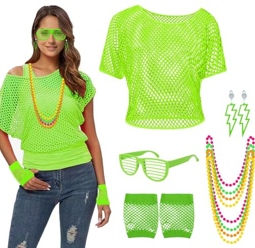 Kinwers kostüm 80er jahre damen,5 Set 90er Accessoires Netzshirt,Netzhandschuhe,Halskette,Ohrring,Brille,80er jahre kostüm Neon fluorescencia Grün Thema Party Karneval.
