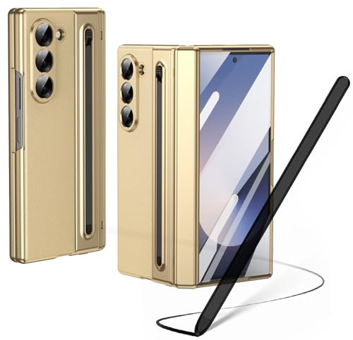 Hülle für Galaxy Z Fold6 mit Stylus Pen, Z Fold 6 Cover mit Displayschutzfolie vorne + S Pen-Steckplatz, Lederhülle für Samsung Galaxy Z Fold6 mit Scharnierschutz-Gold