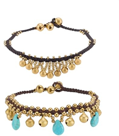 PH PandaHall Bracelets de Cheville Bohèmes 2pcs Bracelets de Cheville Indiens Bracelet de Cheville Doré Accessoires Décoration Turquoise pour Femmes et Adultes Bijoux de Plage D'Été 24cm