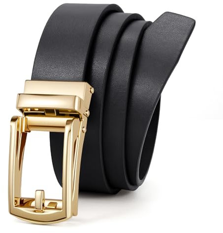 JasGood Automatik Ledergürtel Damen Ratschengürtel für Jeans Hosen Kleider Verstellbarer Ohne Löcher Damen Gürtel mit Goldfarbener Schnalle 30mm Breite,Schwarz,115cm