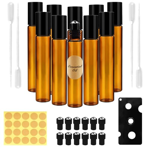 Redamancy 10PCS Piezas Marrón Botellas Rollon, Roll on Aceites Esenciales 10ml, Botellas Roll On Cristal con Roll-on Bola de Acero Inoxidable, para Aceites Perfumes, Aromaterapia, Masajes, Esenciales