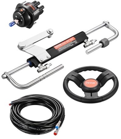 VEVOR Kit direction hydraulique hors-bord 90 CV, système de direction hydraulique pour marin avec volant, pompe de gouvernail, vérin de direction et 2 tuyaux pour bateaux monomoteurs à station unique