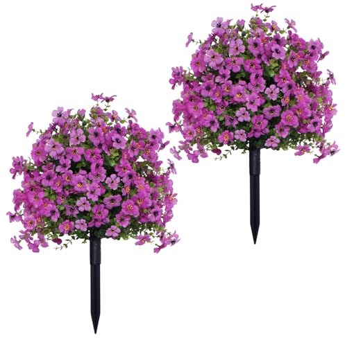 2Pcs Artificial Violet Flower Topiary Tree with Ground Spike, Fade Resistant Fake Plant 23in, Decorative Shrubs for Wedding Porch Indoor Outdoor Decor (Purple)