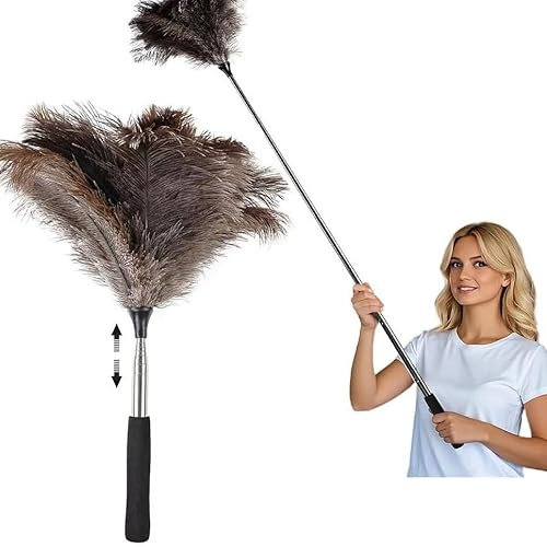 Extendable Feather Duster, 115cm Ostrich Feather Duster Extendable and Reusable, for Cleaning High Ceilings Lights, Cupboards, Home, Car, Office