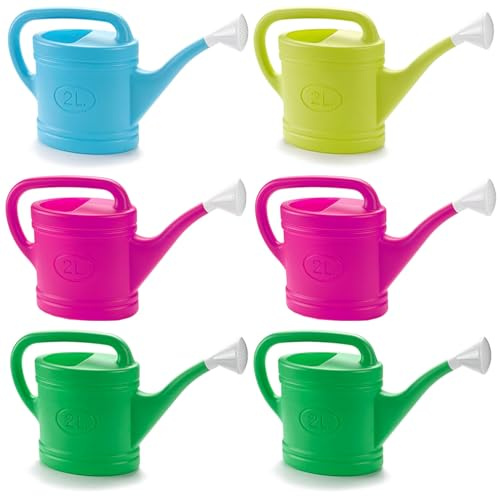 Tradineur - Pack de 6 Regaderas de plástico - Capacidad 2 litros - Utensilios de jardinería, riego, casa, balcón, terraza - Color Aleatorio