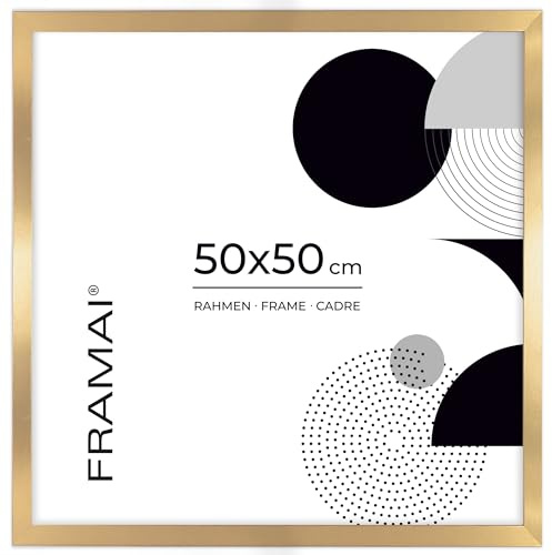 FRAMAI® Bilderrahmen 50x50 cm Gold MDF Umweltfreundlichem Rahmen mit Bruchsicheren Plexi, Aufhänger und Aufsteller