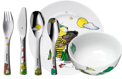 WMF Kindergeschirr Set Janosch Kindergeschirr Set 6-teilig mit Gravur – mit Namen – Porzellan Teller & Müsli-Schale mit Kinderbesteck – Kinder-Geschirrset für selbstständiges Essen ab 3 Jahren