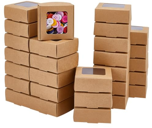BENECREAT 60 Packung Fensterbox mit Sichtfenster, Quadratische Geschenkbox | 7.5x7.5x3cm, Kraftpapier Box, Faltbares Design, Für Weihnachten Halloween Kunsthandwerk Geburtstage Hochzeiten Partys