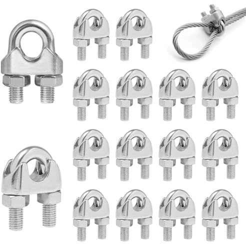 ANBOWEI Wire Rope Clamp M6, 16pcs Cable Clamps Ø 6mm 304 Stainless Steel Wire Rope Grips U Bolt Saddle Clips for Tension Cable, Washing Lines, Garden Fences