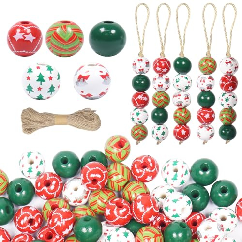 Weihnachten Holzperlen, 120 Stück Weihnachten Hölzerne Perlen Bastelset mit Schnur und Loch, Natürliche Holzperlen, Bunt Weihnachtsperlen Holz für DIY Weihnachtsbaum Dekoration Armbänder Halskette