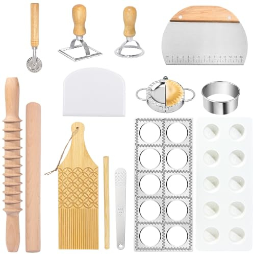 Pasta Making Tools,13PCS Wood Pasta Making Kit with Pasta Rolling Pin,Ravioli Mold,Ravioli Cutter,Gnocchi Board,Pasta Stamps,Dumpling Tools,Stick Dough Scraper Making Accessories