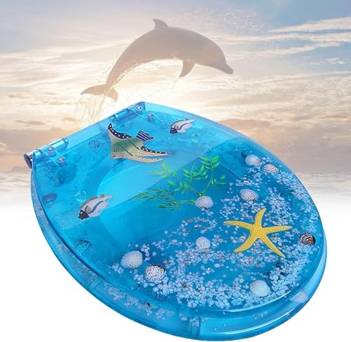 Siège de toilette en résine transparente à thème océanique - couvercle lourd à fermeture lente avec conception transparente de coquillages, charnières en acier inoxydable (Bleu)