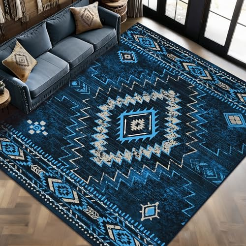 Alishomtll Teppich Läufer, Vintage Geometrisch Teppich Blau 200x280 cm | Rutschfest Kurzflor Küchenteppich, Weich Waschbar Flurläufer für Wohnzimmer Schlafzimmer Arbeitszimmer Küche Eingang