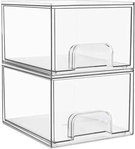 2 Pezzi Cassetti Trasparenti Impilabili Organizer Cassetti Acrilico Cassetti Cosmetici con 16 Tappetini Antiscivolo Multifunzione Contenitori per cassetti per toeletta,bagno,cucina e camera da letto