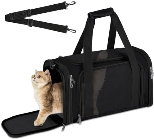 vsshe Transportín Perro Gato, 45*30*30cm Bolsa de Transporte Transpirable Gato Plegable, Aprobado por Aerolíneas, para Pequeños Medianos Gatos Cachorros Gatitos, para en Tren, Coche y Avión, Negro