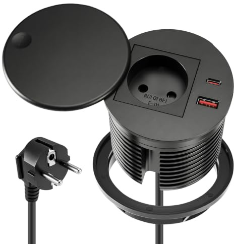Bloc Prise Encastrable Rond 80 mm avec USB-C PD20W + USB-A, Multiprise Encastrable Plan de Travail, Bureau, Cuisine, Meuble, Prise Française avec Câble 1.5 m