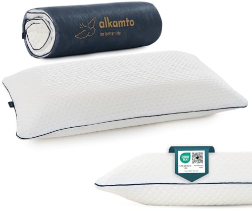 alkamto Cuscino in memory foam, 68 x 43 cm, ergonomico, certificato Oeko-Tex, rivestimento termoregolante, ipoallergenico e lavabile, per chi dorme sulla schiena e sul fianco